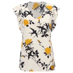 CAbi Birdwatcher Top - Black and Yellow Floral/Bird Print Blouse